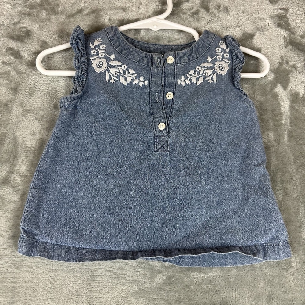 Carter's Denim Top Girls 9 Mo Blue w/ White Floral Embroidery Ruffle Sleeves